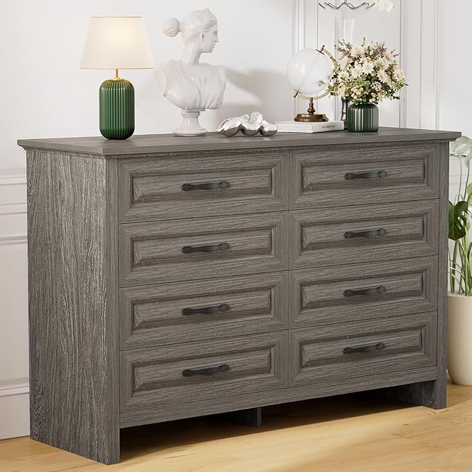 Pipishell Grey 8 Drawers Dresser for Bedroom, 47" Wide Wood Rustic Chest of Drawers with Bar Handles, Farmhouse Storage Dressers Organizer for Bedroom, Living Room, Hallway, Grey