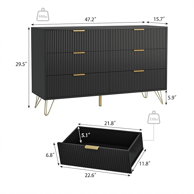 Black Dresser for Bedroom, 6 Drawers Wood Dresser with Golden Handle, Modern Wood Chest for Living Room, Hallway, Entryway