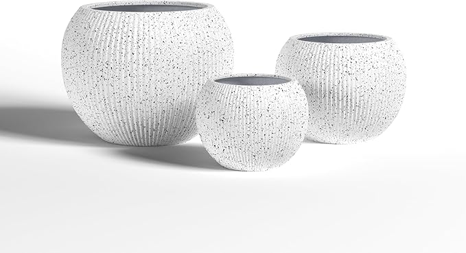 DTY Signature Mount Sherman Modern Indoor Outdoor Fiberstone Sphere Planter, Durable Round Garden Pot, Weather Resistant, Drainage Hole & Rubber Plug,Planter for Christmas Tree (Ribbed White, Medium)