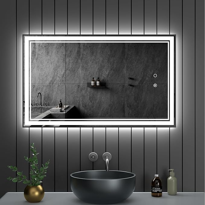 30" x 18" LED Bathroom Mirror with Lights Framed LED Mirror for Bathroom Backlit and Front Lighted Bathroom Mirror Black Square Aluminum Frame Anti-Fog Dimmable Vanity Shatter-Proof