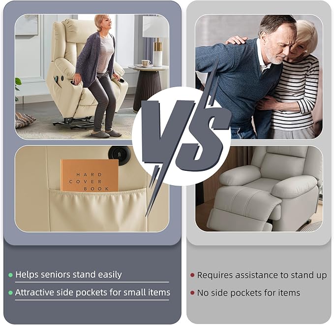 Power Lift Recliner Chair for Elderly, Electric Recliner Chairs for Adults with Massage and Heat, Cup Holders, Remote Control, USB Ports, Side Pockets, Leather (Cream)