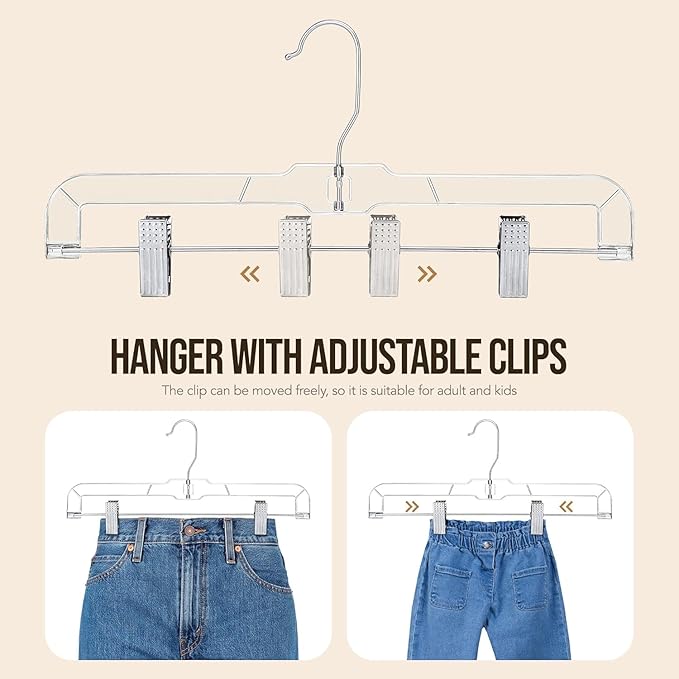 HOUSE DAY 120 Pack Clear Pants Hangers with Clips, Plastic Skirt Hangers for Women, 14 Inch Clip Hanger for Pants, Skirts, Jeans, Shorts, Legging, with 360-degree Swivel Hook, 2 Adjustable Clips