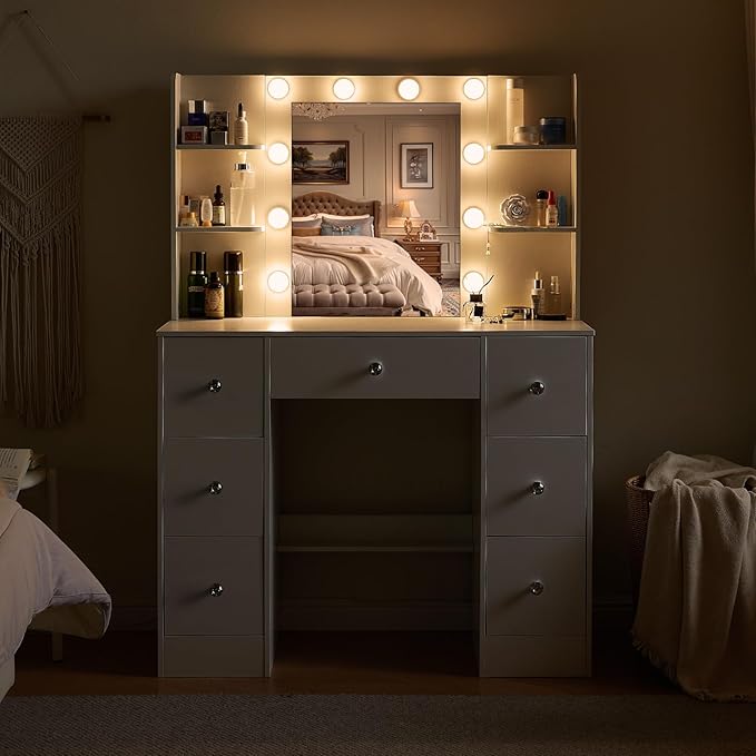 White Vanity Desk with Mirror and Lights, 3 Colors LED Lighted Hollywood Makeup Vanity Mirror with 10 Lights, Large Vanity Dressing Table with 7 Drawers, Crystal Knobs