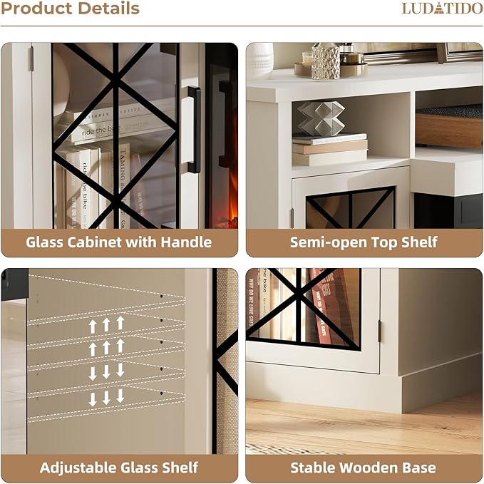 Ludatido 65 Inch FireplaceTV Stand with 3-Sided Glass Insert, Storage Cabinets & Drawers, Fits TVs up to 75", Remote & Touch Control, White Entertainment Center with USB&AC Power Interface, White