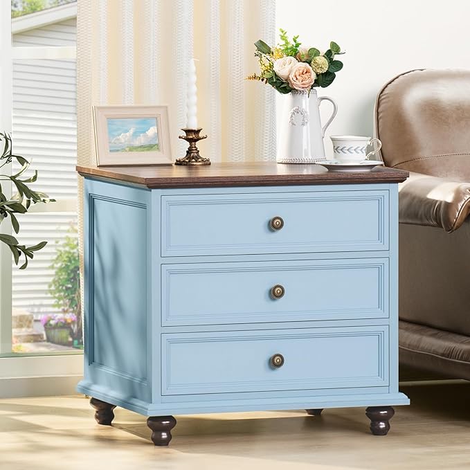 24" Wide Farmhouse Night Stand Set of 2,Large End Table with 3 Drawers & Metal Handle,Wood Dresser for Bedroom Cabinet,Light Blue Bed Side Table Chest of Drawers,Nightstand for Living Room