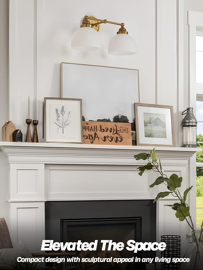 2-Lights Milk White Glass Wall Sconce Lighting Brass Finished, Double Arm Bathroom Vanity Light Fixture for Bedroom Living Room Dining Room Hallway