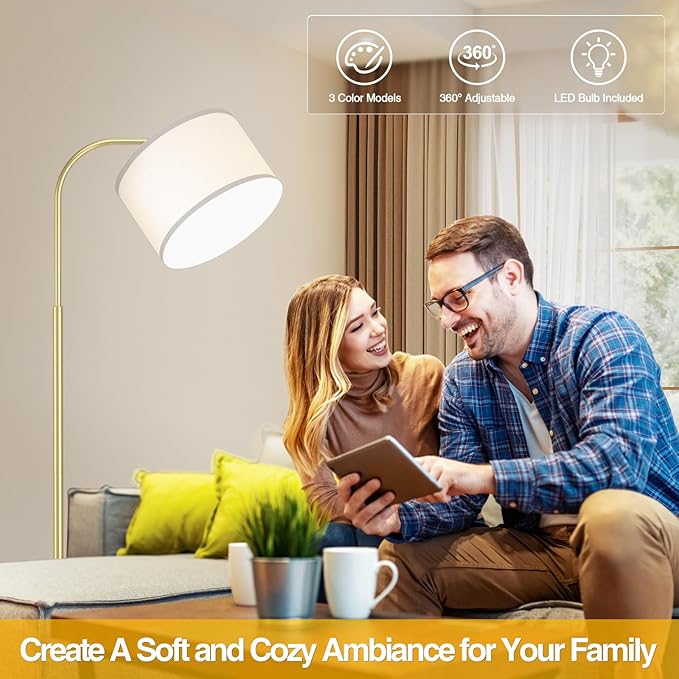 Arc Floor Lamps for Living Room with 3 Color Temperatures, Modern Floor Lamp Reading Light with 9W Bulb Included, Standing Lamp with Adjustable White Hanging ‎Lampshade for Bedroom Office(Gold)