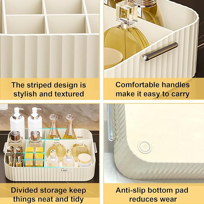 DASITON Large Capacity Makeup Organizer,12 Slots Makeup Brush Holder,Makeup Storage with Handle,Vintage Striped Cosmetic Organizer for Bathroom Countertops,Desk Storage Container(Cream)