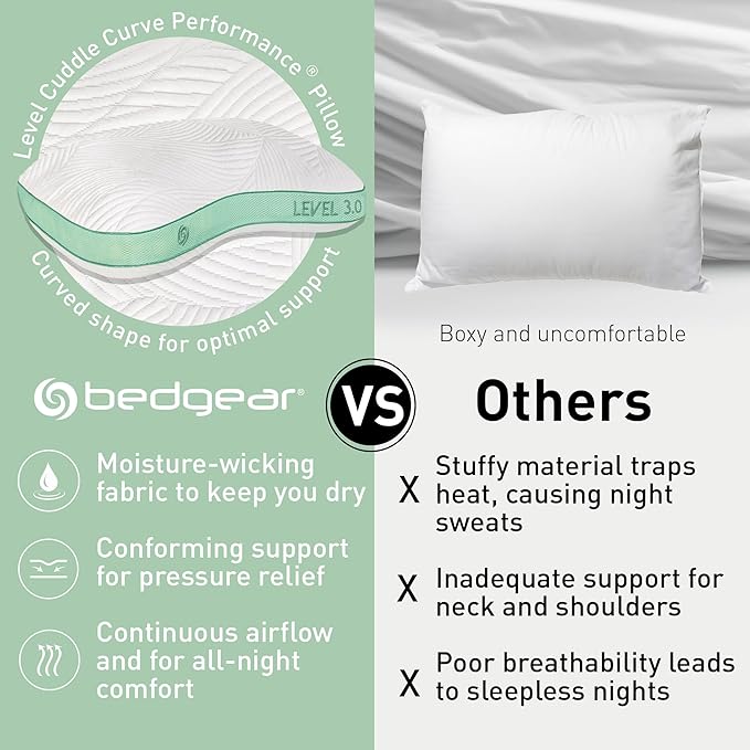 Bedgear Level Cuddle Performance Pillow - Firm Bed Pillow for Side Sleepers - Moisture Wicking Removable Cover - Size 3.0