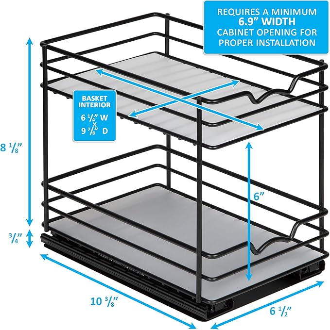 Pull Out Cabinet Organizer for Spices, Cans - Heavy Duty with Lifetime Limited Warranty- Pull Out Spice Rack- Cabinet Pull Out Shelf for Cans,Dishes, Etc, 6-1/2"Wx10-3/8"Dx8-7/8"H, Black