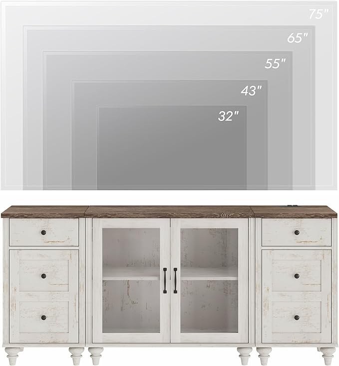 WAMPAT TV Stand for 75 Inch TV, Wood TV Cabinet Entertainment Center with Charging Station, Glass Door Buffet Cabinet for Dining Room, Rustic White