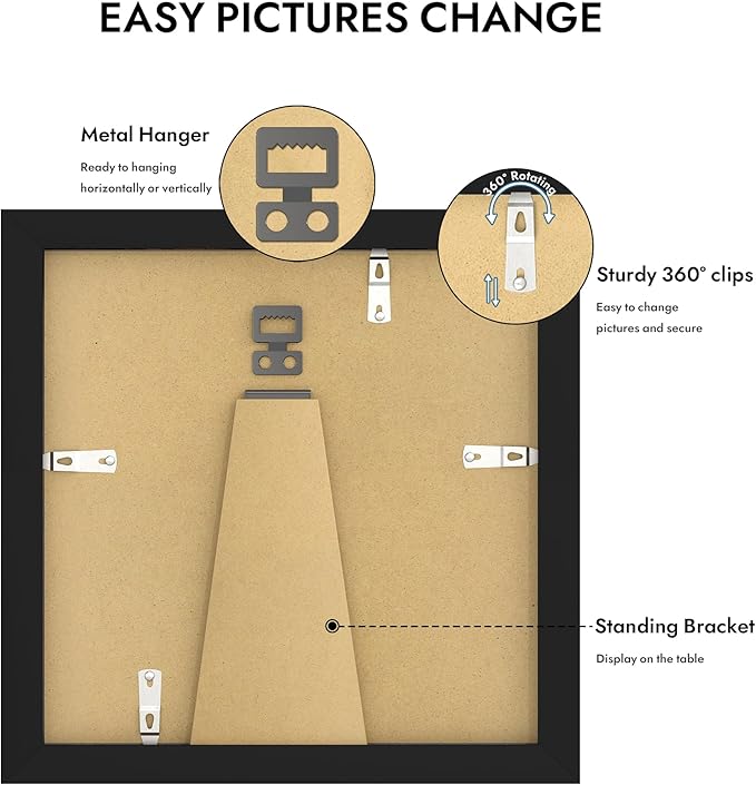 8x8 Picture Frame with Glass, Display Pictures 6x6 with Mat or 8 x 8 without Mat - Wall and Tabletop, 8 by 8 Photo Wooden Frames (Black, 1 Pack)