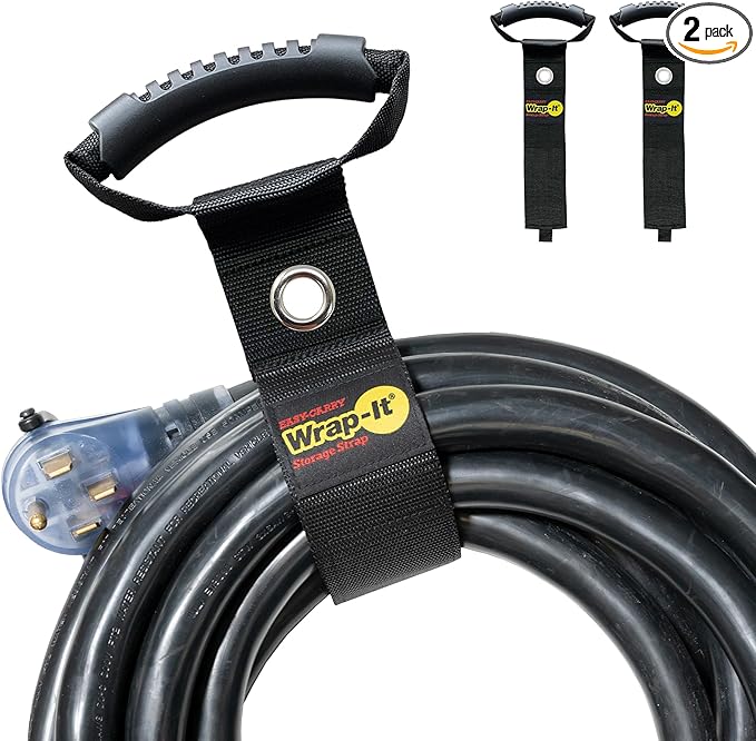 Wrap-It Storage Easy-Carry Straps - 22" (2-Pack) Black with Grommet - Extension Cord Holder Organizer for Garden Hose Storage Cord Straps