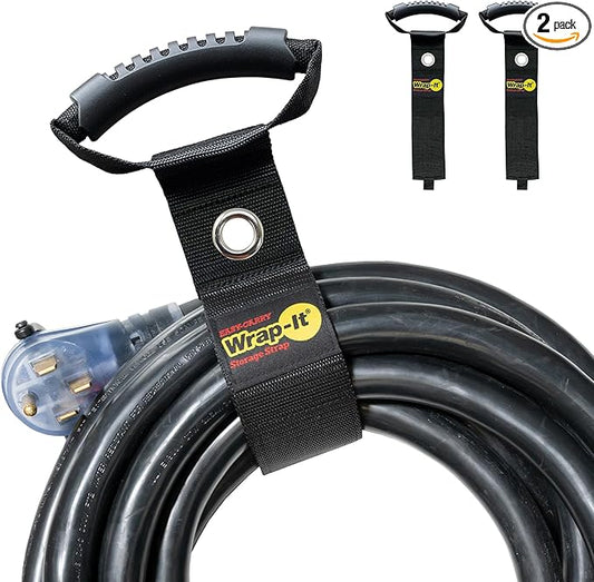 Wrap-It Storage Easy-Carry Straps - 22" (2-Pack) Black with Grommet - Extension Cord Holder Organizer for Garden Hose Storage Cord Straps