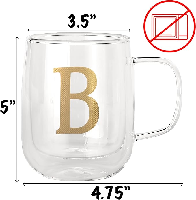 COLLECTIVE HOME - Double Walled Glass Coffee Mugs, Insulated Coffee Mug with Handle, Personalized Gifts for Women, Men, Christmas, 14 oz Monogram Cups (B)