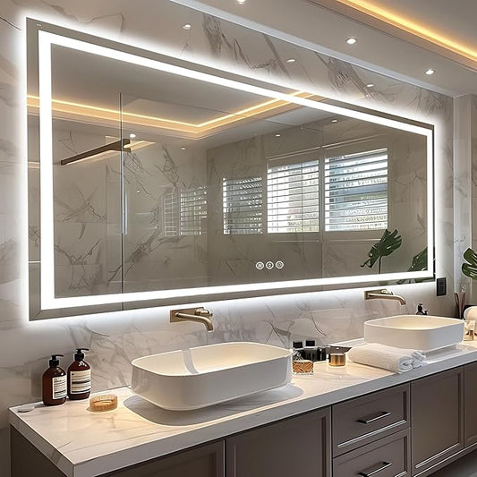 96"x36" Large LED Bathroom Mirror with Lights (Front and Backlit), Anti-Fog Lighted Mirror for Wall, Stepless Dimmable Lighted Mirror, 3 Colors Smart Mirror (Horizontal/Vertical)
