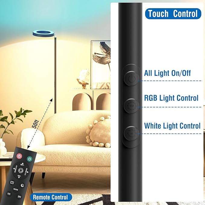 [2025 New]42W Dual-Sided Floor Lamp, RGB Color Changing LED Standing Lamp with Remote, Stepless Dimmabe Warm/Neutral/Cool Floor Light, Modern Torchiere Tall Lamps for Living Room Bedroom Gaming Party