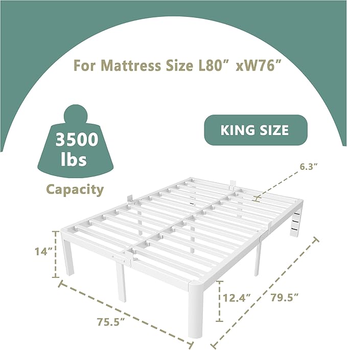 ITIMIDI 14 Inch King Size White Bed Frame with Round Corner Legs, Metal King Bed Frame Platform, Storage Space, No Box Spring Needed, Heavy Duty Steel Support 3500 LBS, Noiseless, Easy Assembly