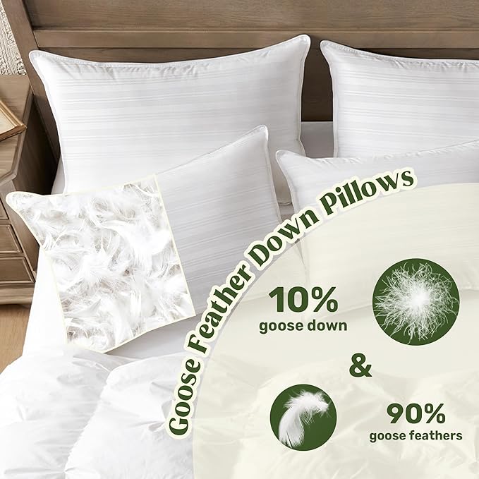 puredown® Natural Goose Feather Down Bed Pillows for Sleeping with 2 Outer Protectors, Hotel King Pillows Set of 2 with Cotton Fabric Cover (Pack of 2)