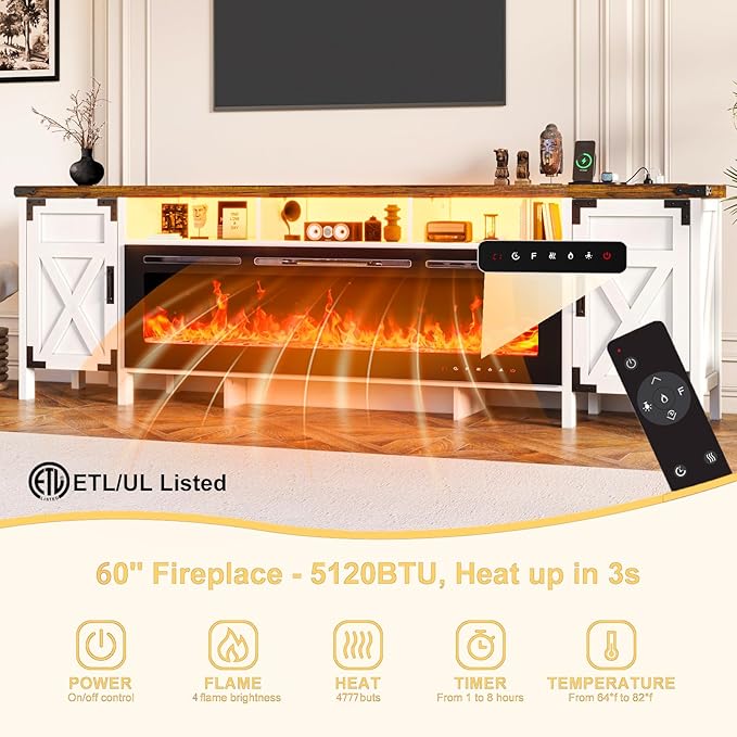 94.5" Fireplace TV Stand for TVs Up to 100", Farmhouse Entertainment Center with 60" Electric Fireplace & LED Lights, Large TV Console for Living Room, Barn Door Cabinet & Open Shelf, White