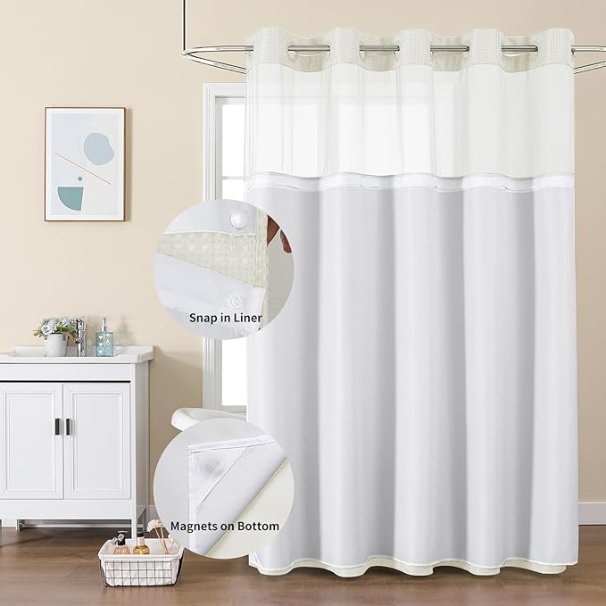 Colorful Star Extra Long Waffle Weave Shower Curtains, 256GSM Heavy Duty Shower Curtain with Snap in Fabric Liner, Hotel Style No Hook Waterproof Bathroom Curtain Set, 72 x 87 Inch, Ivory