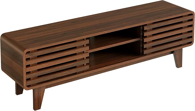 Luoxiao TV Stand for 60 Inch TV, Mid Century Modern Entertainment Center with Storage Boho Television Stand with Shelves and Grille Sliding Doors Wood Media Console for Living Room, Walnut