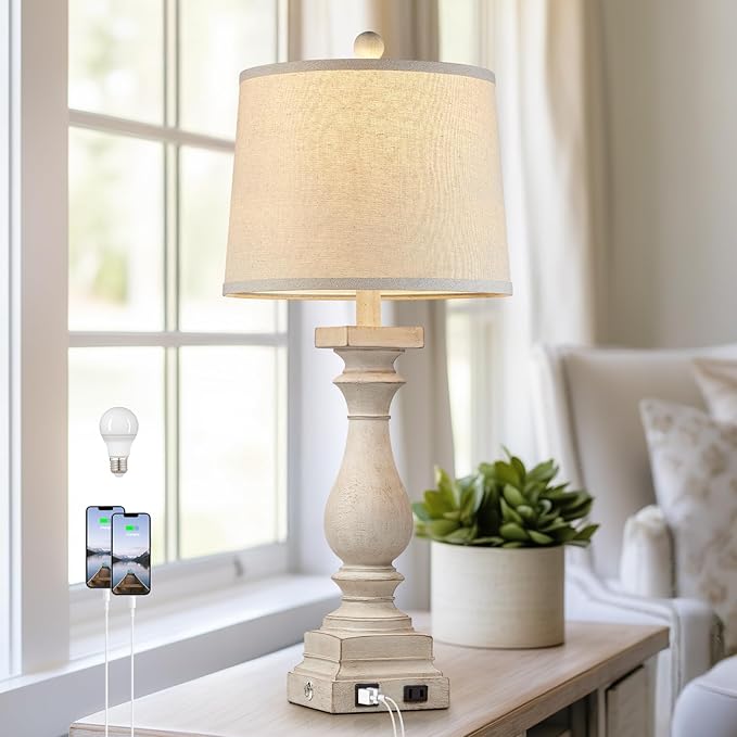 28" Tall Farmhouse Table Lamps with USB C+A Ports and AC Outlet, 3 Way Touch Control Rustic Bedside Lamps for Bedroom, Beige Vintage Nightstand Lamps for Living Room Office