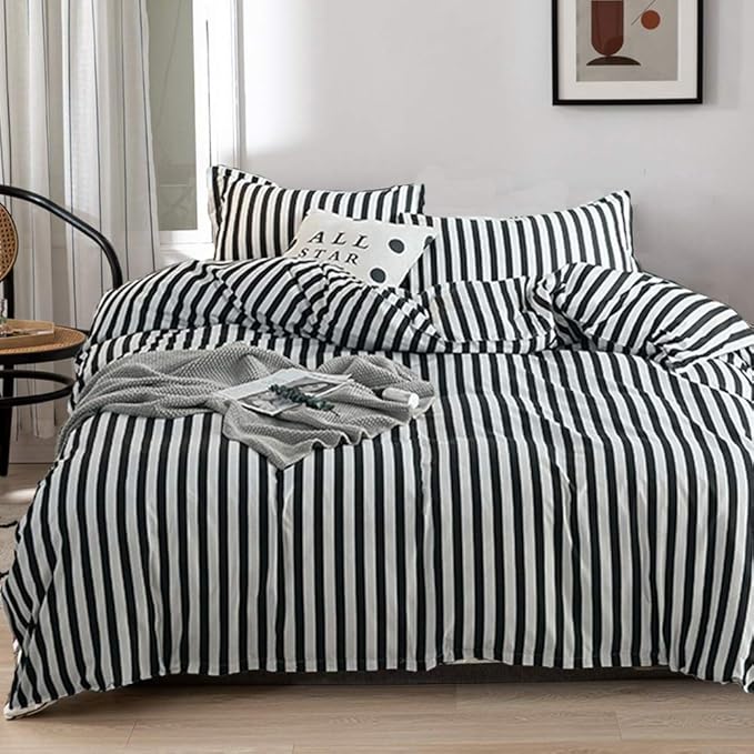 Luxlovery Black and White Comforter Set King Men Women Striped Bedding Set Farmhouse Ticking Stripes Bedding Blanket Geometric Lines Modern Comforter Set with 2 Pillowcases