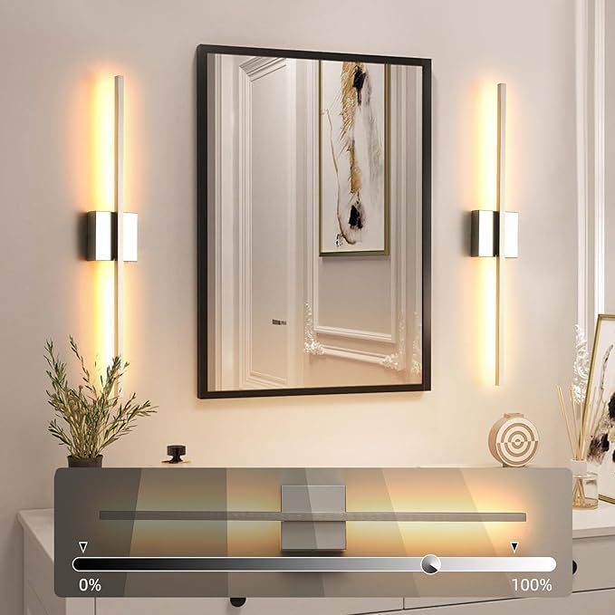 Wall Sconces Set of Two, LED Dimmable Sconces Wall Lighting, Brushed Nickel Modern Wall Sconce Light for Bathroom, Living Room, Bedroom, Hardwired 3000K 28''(2Pack)