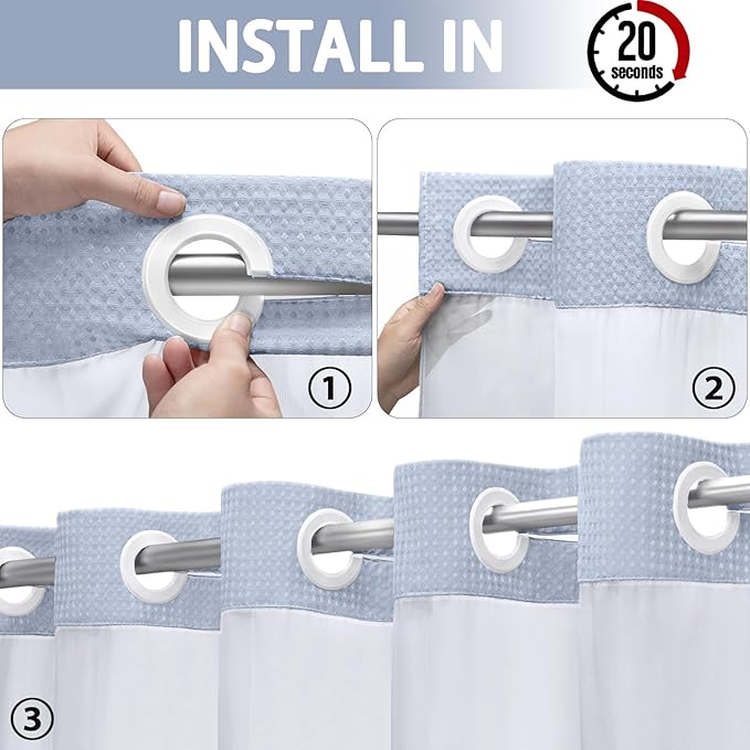 YellyHommy No Hook Shower Curtain with Snap in Liner Set Less Time Waffle Shower Curtain for Bathroom (Mist Blue, 81" L x 72" W)