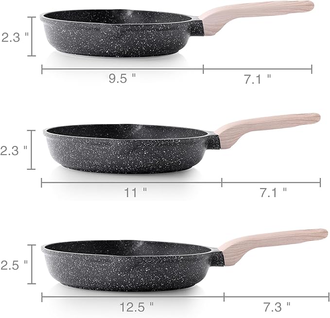 Nonstick Frying Pan Set, 3 Piece Skillet Set, Healthy Induction Cookware Cooking Pan, Stay-Cool Handle, Compatible with All Stovetops, PFOA Free (9.5, 11, 12.5 Inch)