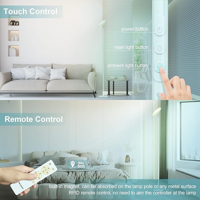 Bright Floor Lamp for Living Room, 42W LED Room Lights with Remote, 3700LM RGBW Modern Tall Standing Light, Color & Brightness Dimmable, UFO Ring Lamp,1/2/3H Timer for Bedroom,Office(Blue