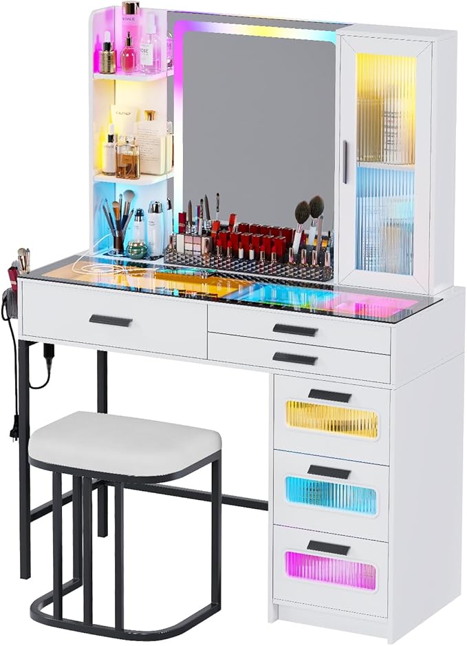 Vanity Desk with Mirror and RGB Lights，Glass top Makeup Vanity Table Set with Stool & Charging Station, Dressing Table with RGB Cabinet,6 Drawers,Lipstick Grid for Bedroom,White