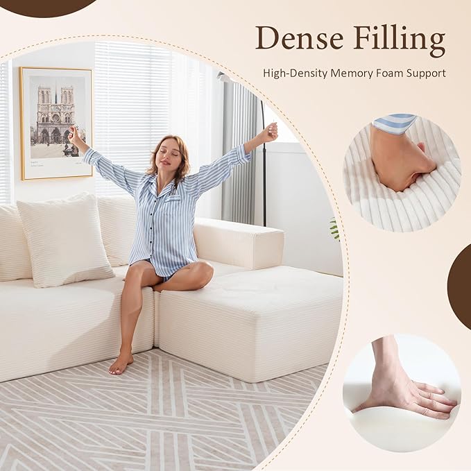 INGEROOM 108" Cloud Sectional Couch with L-Shape Chaise, Modular Sofa Memory Foam, Boneless Sofa with Movable Ottoman, Upholstered Couches for Living Room Bedroom, No Assembly Required, Beige