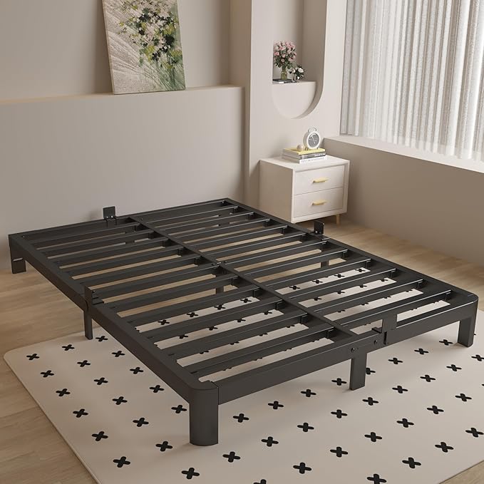 4 Inch Full Size Bed Frame with Metal Gaskets, Black Bed Frame Full No Box Spring Needed, Rounded Corner Design, Heavy Duty Steel Platform Support, Reserved Holes, Noiseless, Easy Assembly