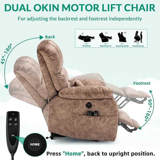 VIVIJASON Tall Man Large Dual Motor Power Lift Recliner Chair with Extended Footrest, Overstuffed Lay Flat Sleeper Electric Recliner W/Heat & Massage, Lumbar Pillow, USB & Type-C Ports, Plush Brown