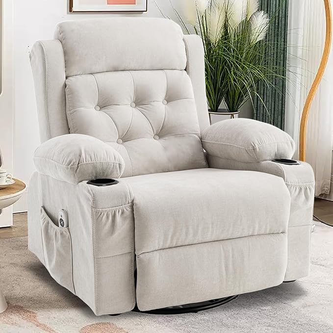 Overstuffed Rocker Recliner Chair with Massage and Heat, Mid Century Ergonomic Rocking Swivel Recliners Lounge Chair for Living Room, Manual Recliner Sofa Chairs with 2 Cup Holders, USB