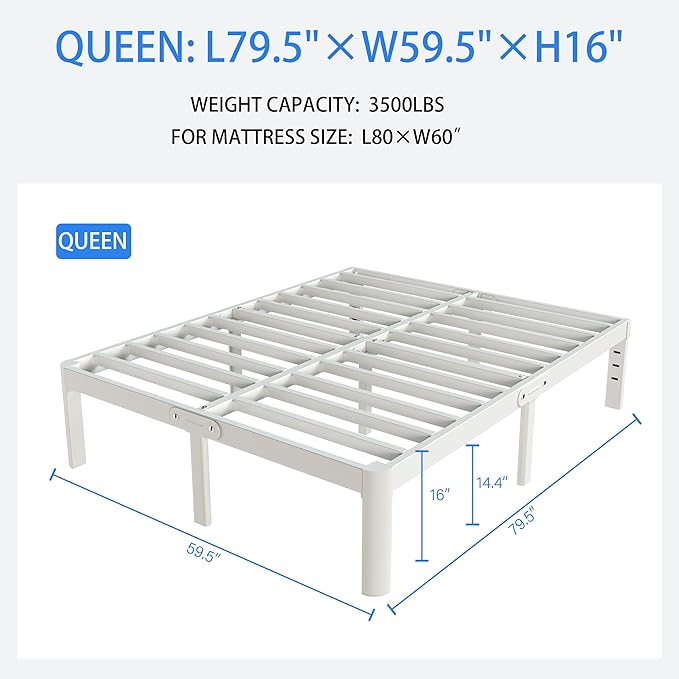 White Bed Frame Queen Size 16 Inch, Metal Queen Bed Frame No Box Spring Needed, Heavy Duty Steel Support 3500 LBS, DIY Headboard, Noiseless, Round Corner Legs, Storage Space, Easy Assembly