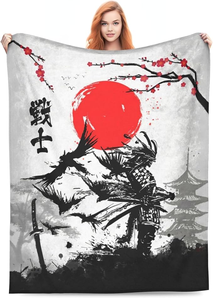 Japanese Blanket Cherry Blossom Throw Blankets Black and White Japen Stuff Gifts for Men Women Boys Girls Adults Fleece Flannel Blanket Plush Bedding for Couch Sofa Bed Room Decor 60"X80"
