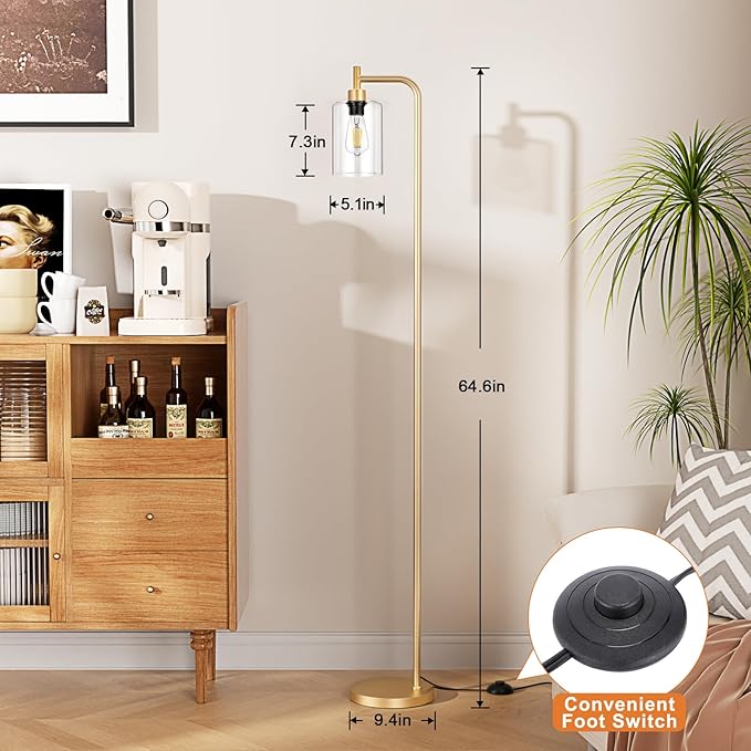 Floor Lamps for Living Room - Industrial Standing Lamp with Glass Shade, Modern Gold Floor Lamp with LED Bulbs, Farmhouse Floor Lamp for Bedroom, Tall Lamp for Office - Gold