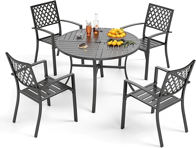PHI VILLA 5 Pieces Outdoor Round Dining Set for 4, Metal Steel Circle Table with Umbrella Hole & Stacking Wrought Iron Chairs, Morden Furniture Set for Patio, Deck, Backyard, Porch