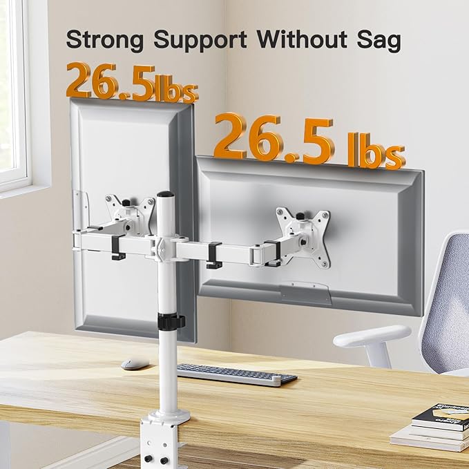 ErGear Dual Monitor Desk Mount for 13″–34″ Monitors up to 26.5 lbs, Fully Adjustable Monitor Stand Holds 2 Computer Screens, Heavy-Duty Dual Monitor Arm with C-Clamp & Grommet Base, White, EGCM13W