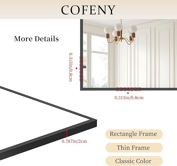 36x50inch Bathroom Mirror, Black Rectangle Mirror with Thin Metal Frame, Large Rectangular Wall Mirror for Bathroom, Living Roomm, Hair Salon, Big Farmehouse Mirror Hang Horizontal/Vertical
