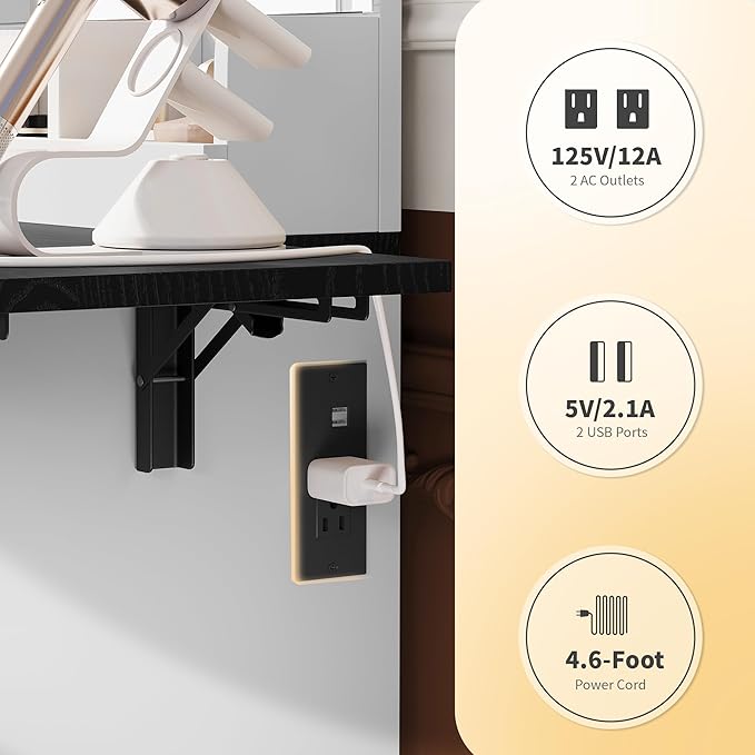 KAMABOKO Vanity Desk with Mirror and Lights, Large Makeup Table Set with 2 Drawers and Storage Stool, Girls Vanity with Fold-up Panel and Power Outlet for Bedroom