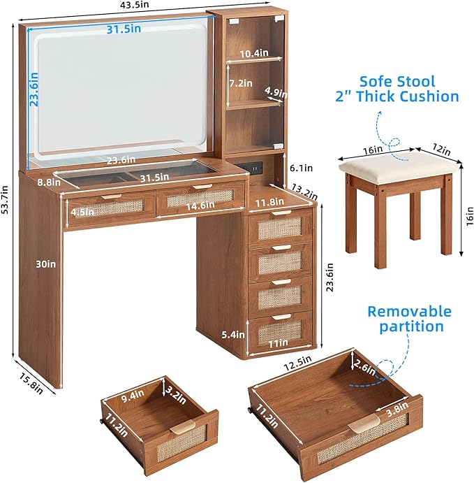 LEYAOYAO Vanity Desk with Mirror and Lights, 43.5'' Makeup Vanity Set with Stool 6 Drawers and Adjustable Shelves, Rattan Wood Make Up Vanity Dressing Table with Glass Top and Power Outlet for Bedroom