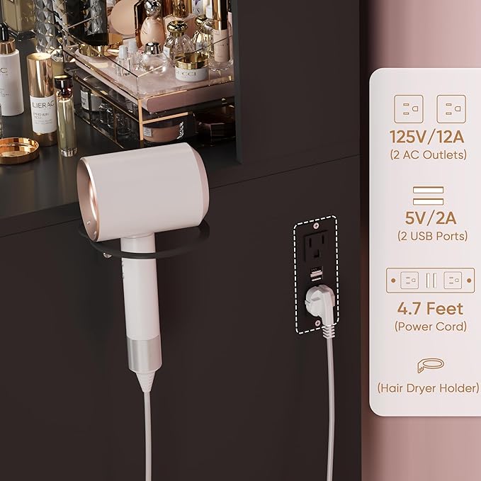 YESHOMY Vanity Desk with Mirror, Makeup Table with 2 Large Drawers, Power Outlet and Round Holder, 3 Color Modes Adjustable Bulb, Pure Black