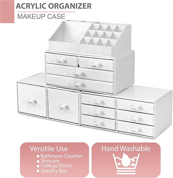 Sorbus Large Makeup Organizer - Stackable Jewelry & Makeup Organizer For Vanity, Bathroom Storage, Dresser - 12 Drawers Cosmetic Beauty Organizers and Storage with Lipstick, Makeup Brush Holder