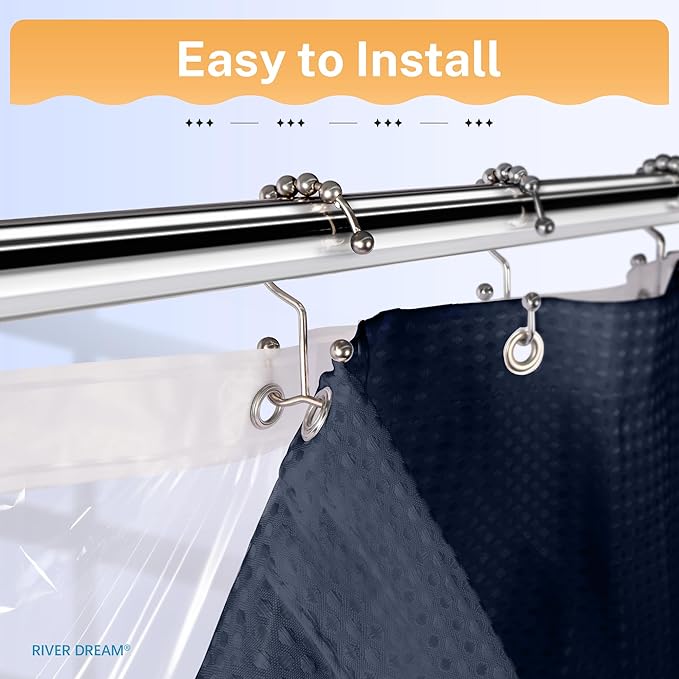 River Dream 3 in 1 Shower Curtain Set, Waffle Fabric Shower Curtain and Waterproof Clear Liner Set with Double Sided Metal Hooks, Navy Blue, 72" W*84" H