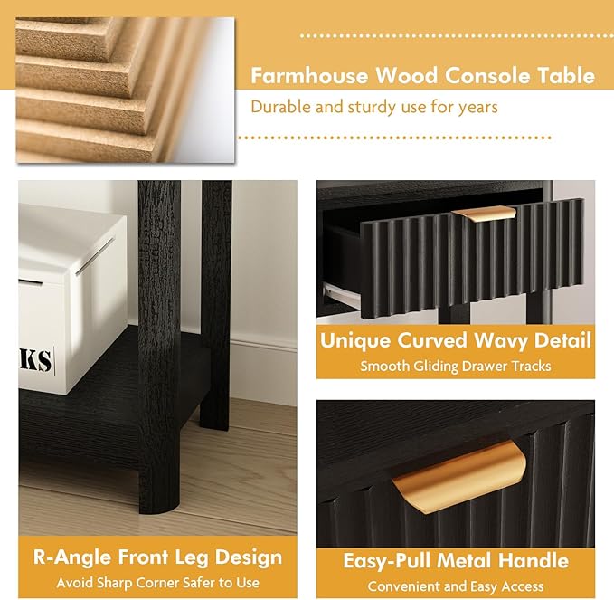 RUSTOWN Fluted Wood Console Table with 3 Drawers, Boho Narrow Behind Couch Entryway Table with Open Storage Shelf, Modern Sofa Table for Living Room, Foyer and Hallway (Black)