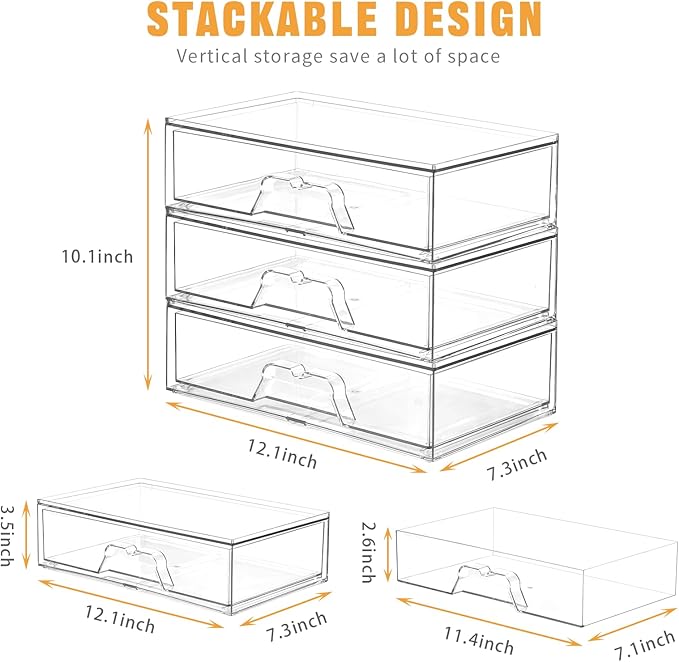 2 Pack Stackable Makeup Organizer, 12.1''L Acrylic Bathroom Organizer and Storage Undersink Drawer, Cosmetics and Beauty Supplies,Clear Plastic Storage Bins for Desk,Cabinet,Kitchen,Vanity,Pantry
